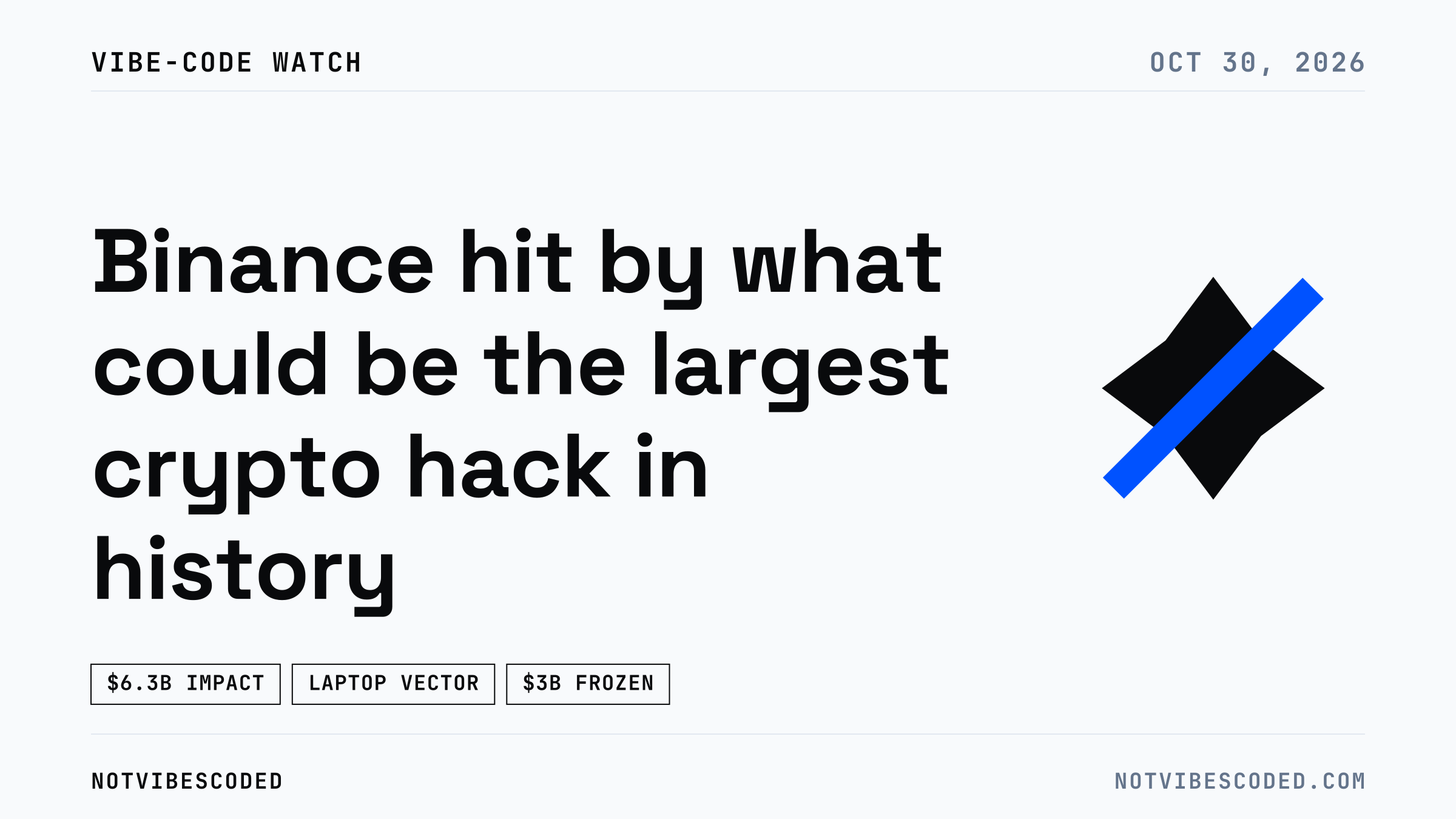 Cover for Binance hit by what could be the largest crypto hack in history: the headline with chips for 6.3B impact, laptop vector, and 3B frozen